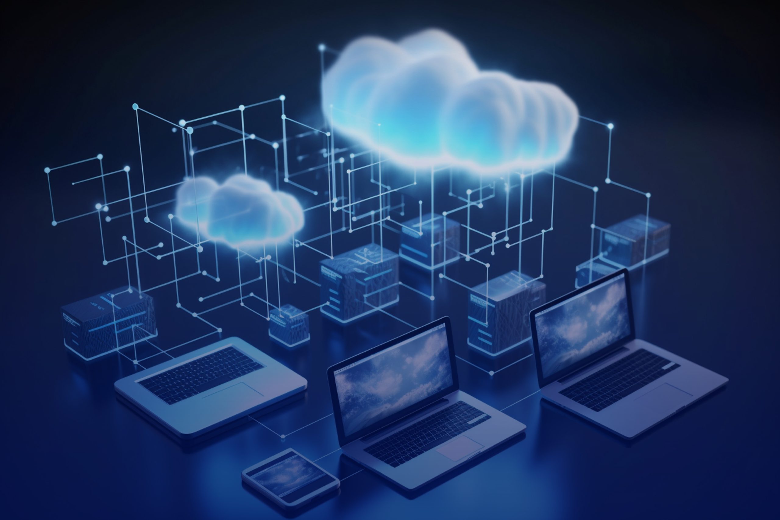 Cloud technology. Cloud computing. Devices connected to digital storage in data center via internet.