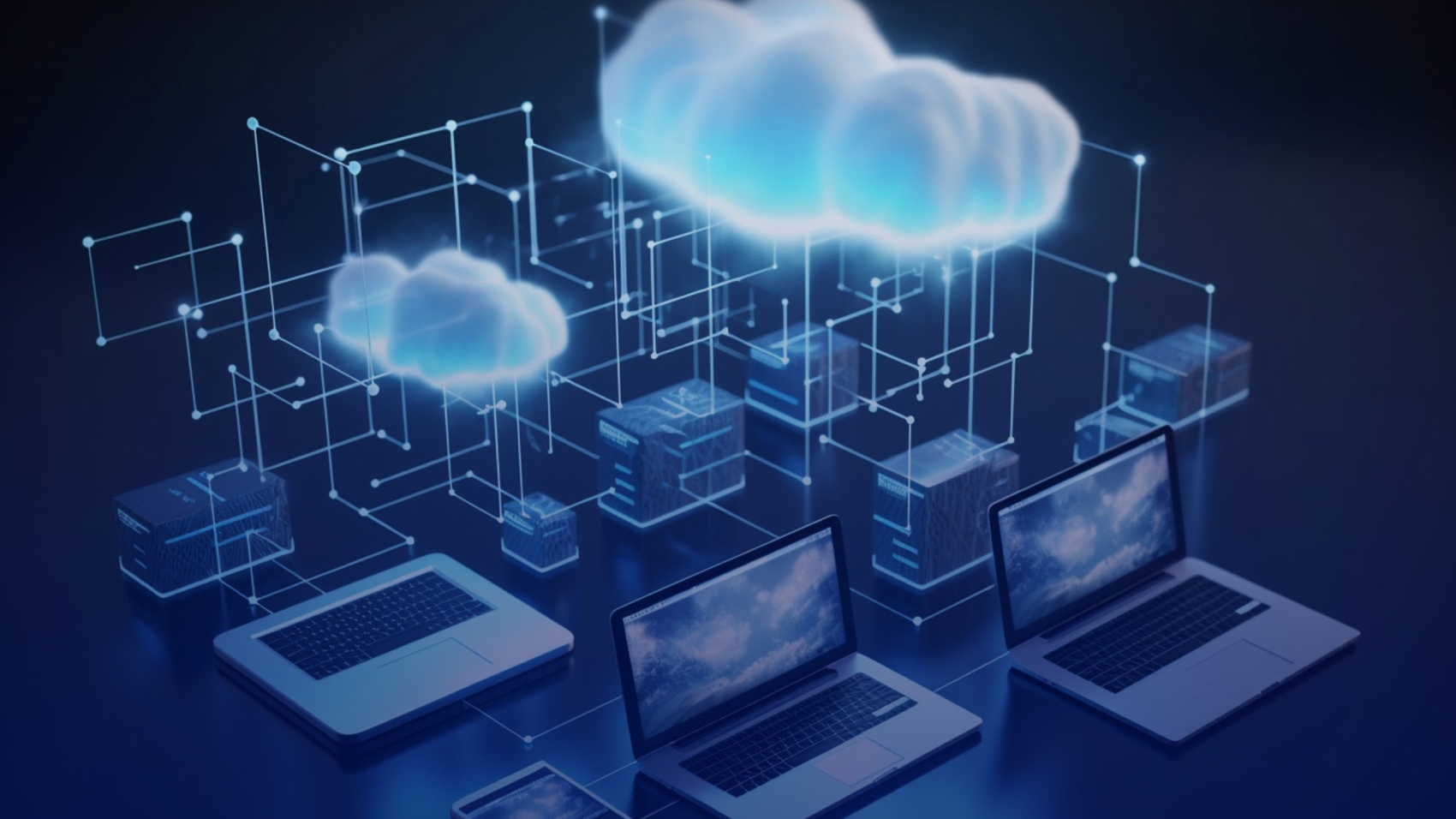 Cloud technology. Cloud computing. Devices connected to digital storage in data center via internet.